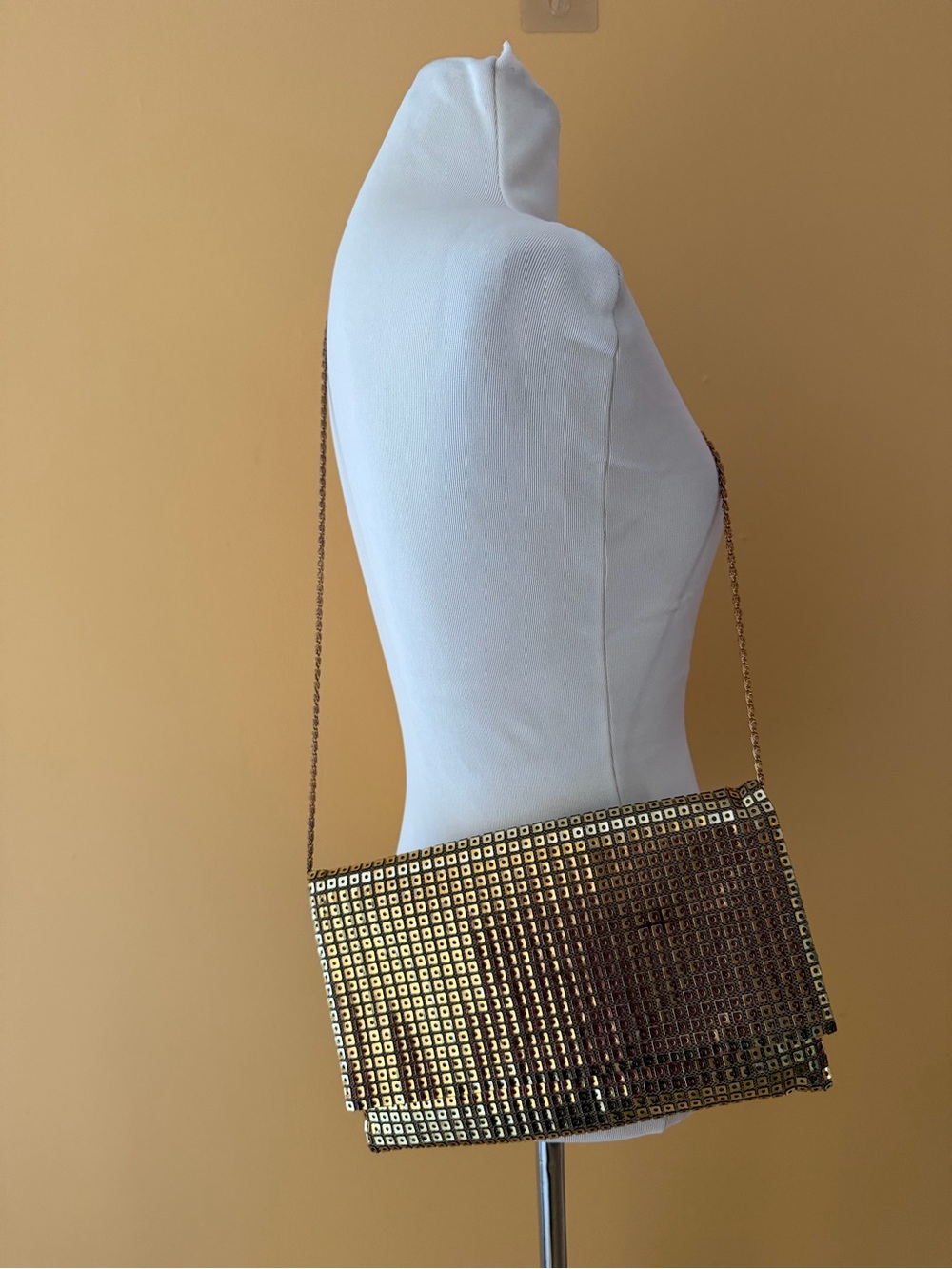 Vtge 1950s Lumured Tile Mesh Purse Gold Mosaic Evening Bag Chain Clutch USA